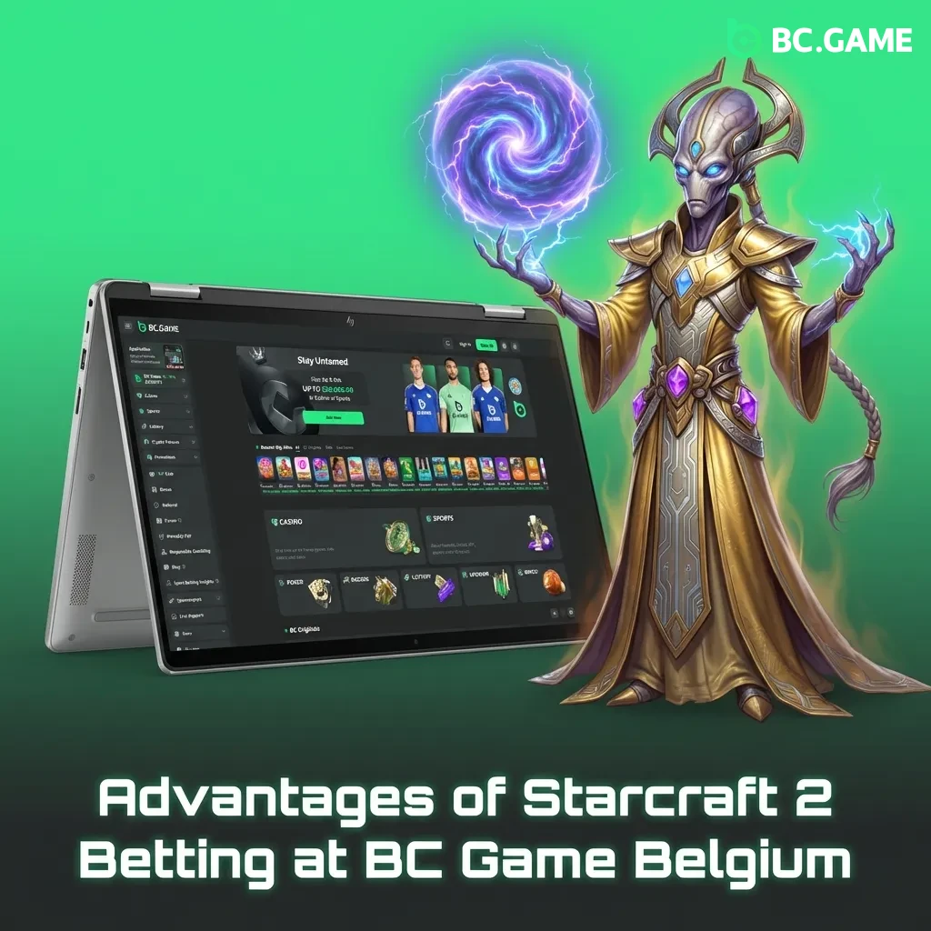 BC Game Belgium StarCraft II betting platform showing bonuses, payment options, and mobile app features for esports wagering