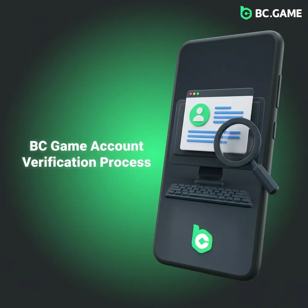 Step-by-step guide showing BC Game's account verification stages including ID upload, address proof, and selfie confirmation.