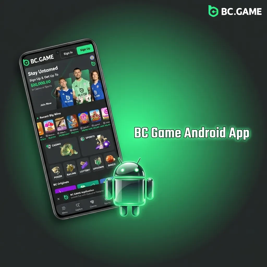 BC Game Android app interface showing sports betting and casino games with login and registration options