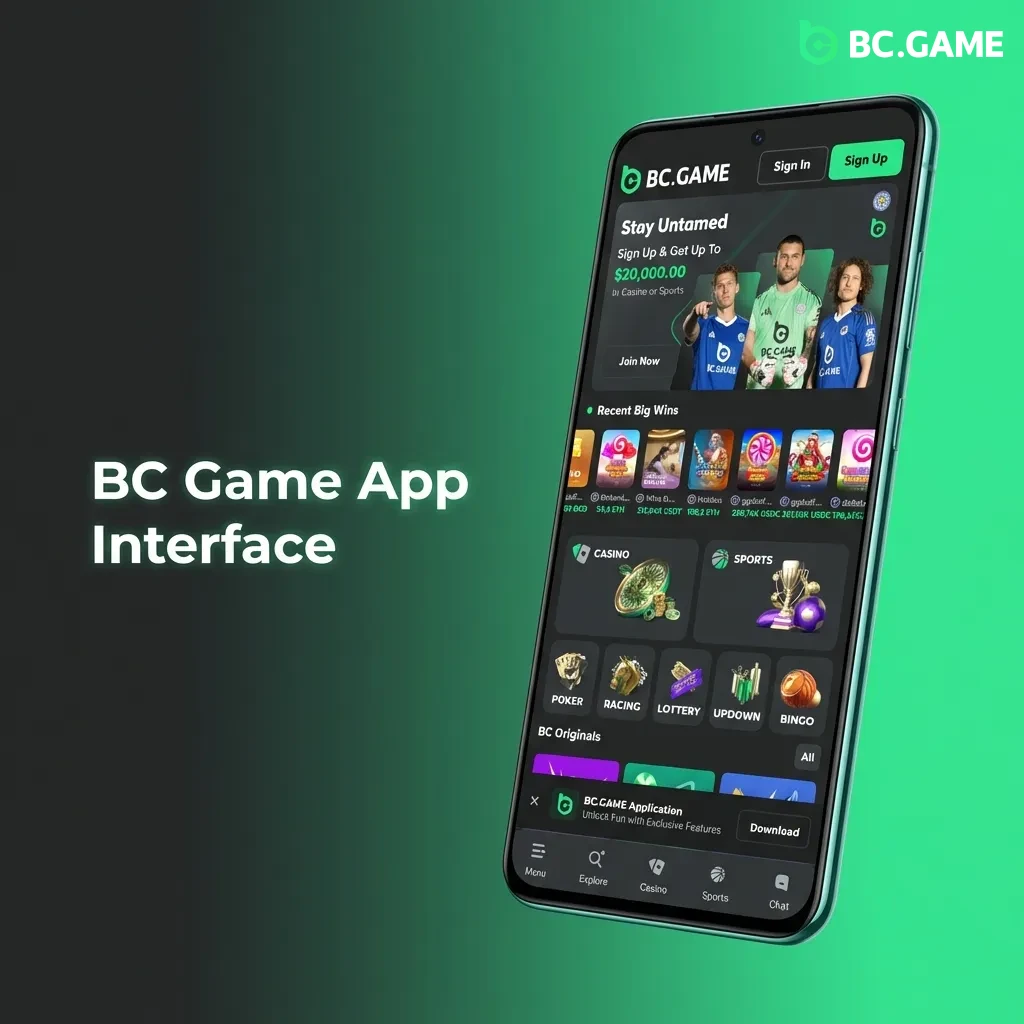 BC Game mobile app showing main menu with casino games, sports betting, live dealer tables, and account options