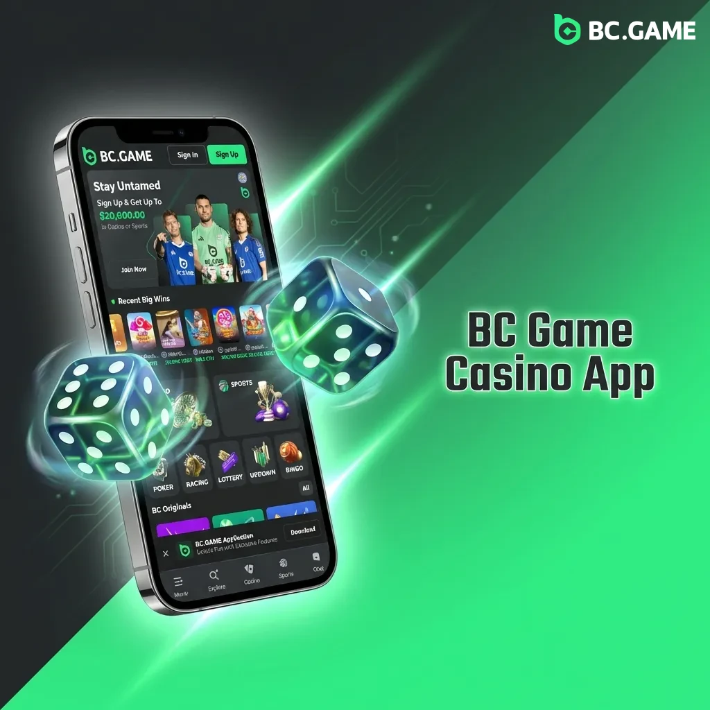 BC Game Casino mobile app interface showing slots, live dealer games, and sports betting options