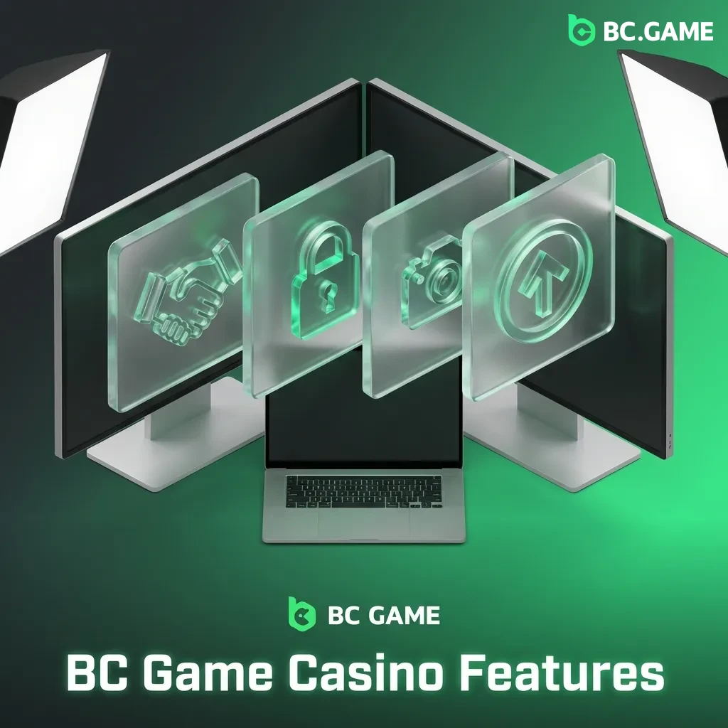 BC Game Casino interface showing cryptocurrency options, mobile apps, provably fair verification, VIP rewards, and 24/7 support