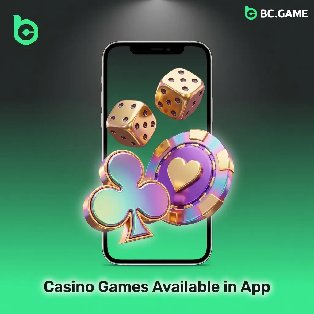BC Game mobile casino app displaying slots, table games, and live dealer options from top providers
