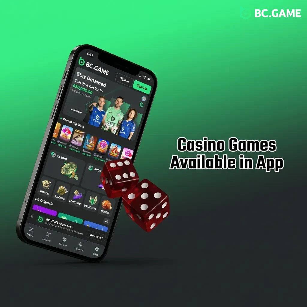 BC Game app interface showing various casino games including slots, table games, and live dealer options