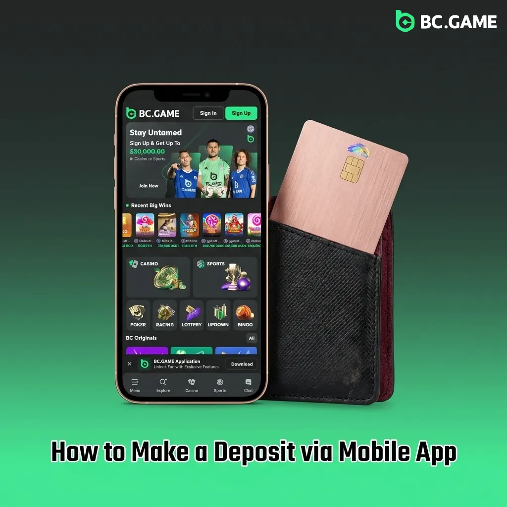 Mobile app interface showing deposit steps: wallet icon, payment method selection, amount entry, and confirmation button