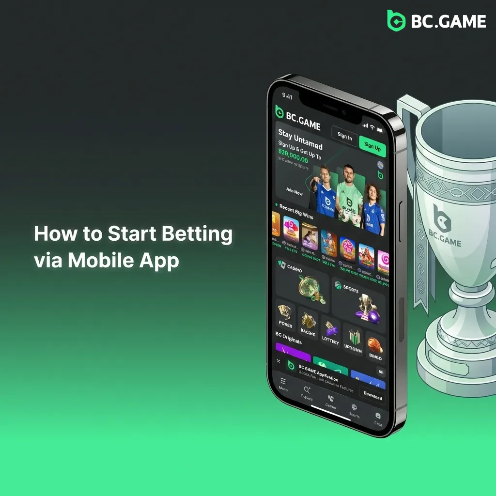 Mobile betting interface showing sports selection, odds, stake entry, and bet confirmation steps on BC Game app