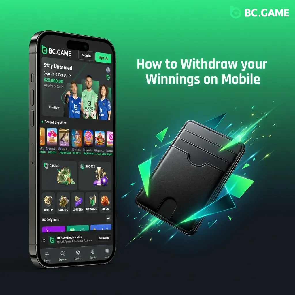 Mobile screen showing BC Game withdrawal process with wallet icon, payment methods, and withdrawal amount fields