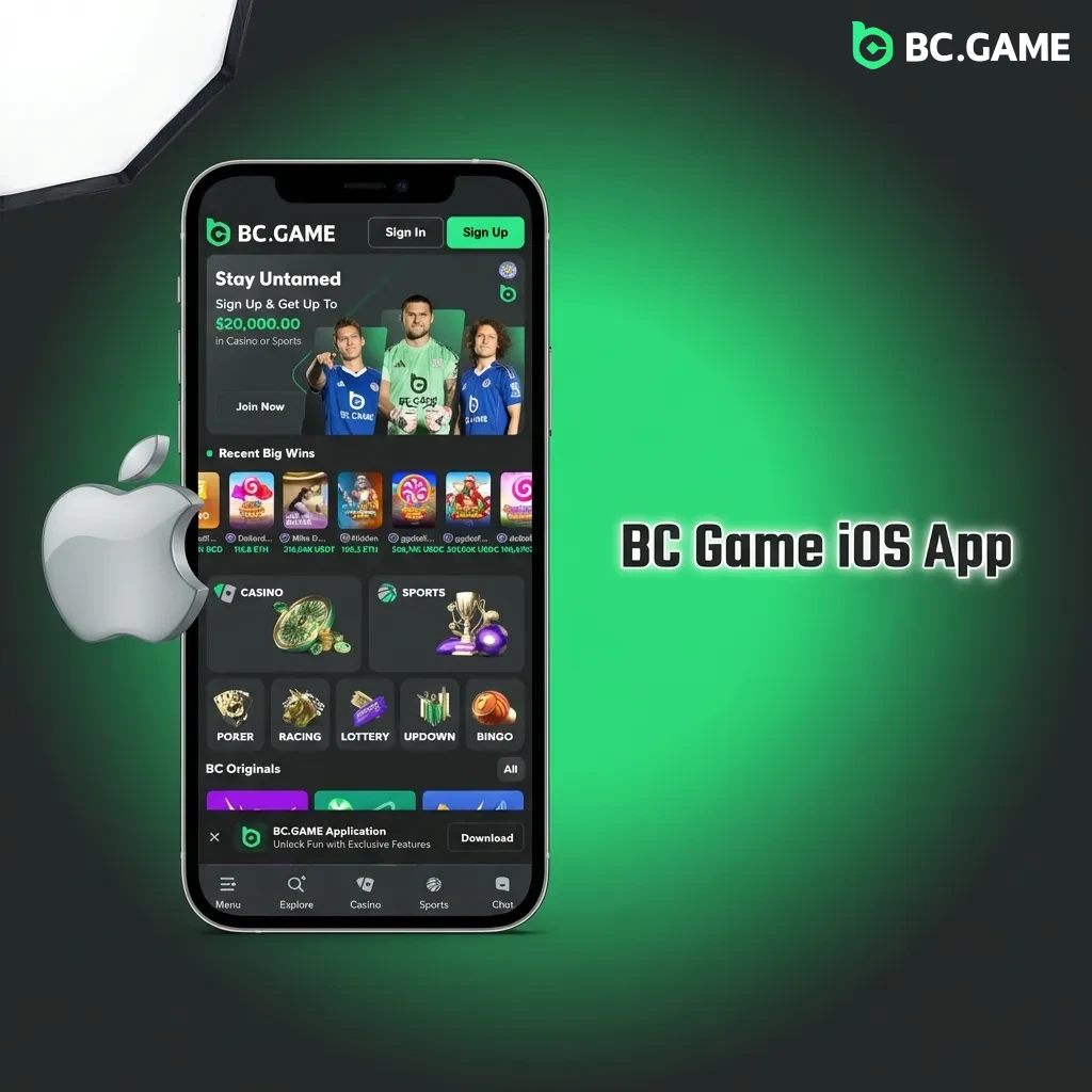 BC Game iOS app interface showing casino games, live betting, and account features on iPhone and iPad