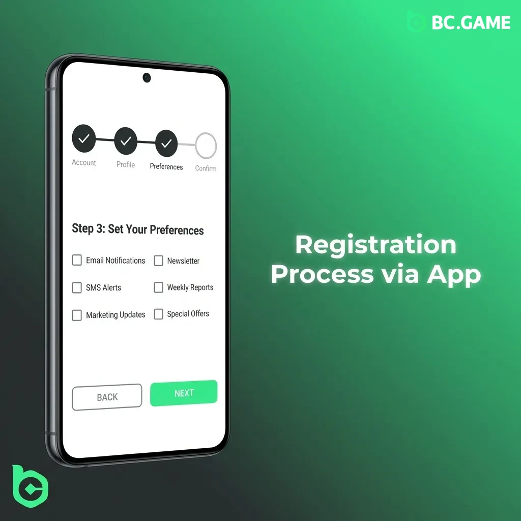 Mobile app registration screen showing sign-up form with email, password fields, and currency selection dropdown