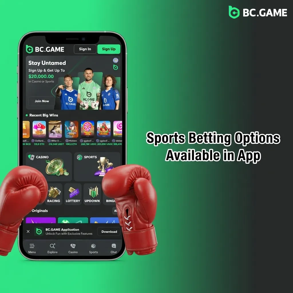 BC Game app interface displaying various sports betting markets including football, basketball, tennis, and esports options