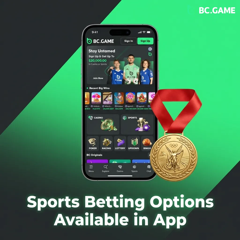BC Game app displaying various sports betting options including football, basketball, tennis, and esports markets