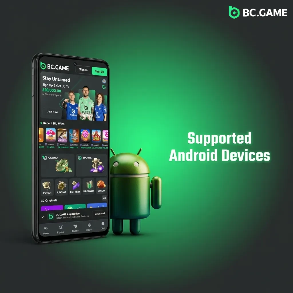 List of compatible Android smartphones for BC Game including Samsung Galaxy, Google Pixel, OnePlus, and Xiaomi models