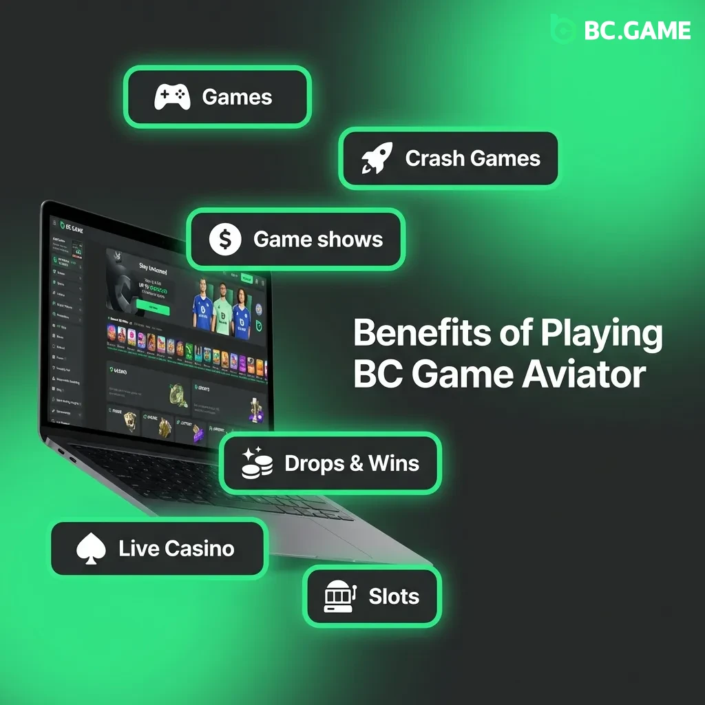 BC Game Aviator interface showing instant gameplay, provably fair technology, and mobile optimization features