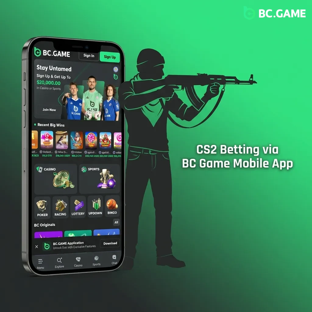 BC Game mobile app interface showing CS2 betting options and navigation for Belgian users