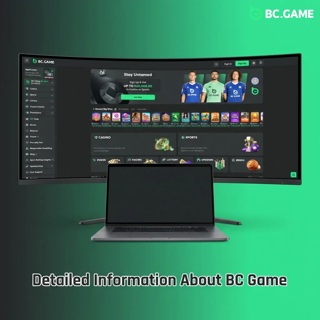 BC Game platform showing 10,000+ casino games, 60+ sports betting markets, and secure mobile app with SSL encryption
