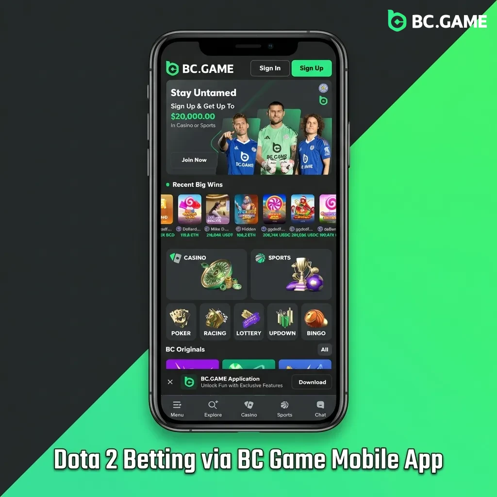 BC Game mobile app interface showing Dota 2 betting markets and options on smartphone screen