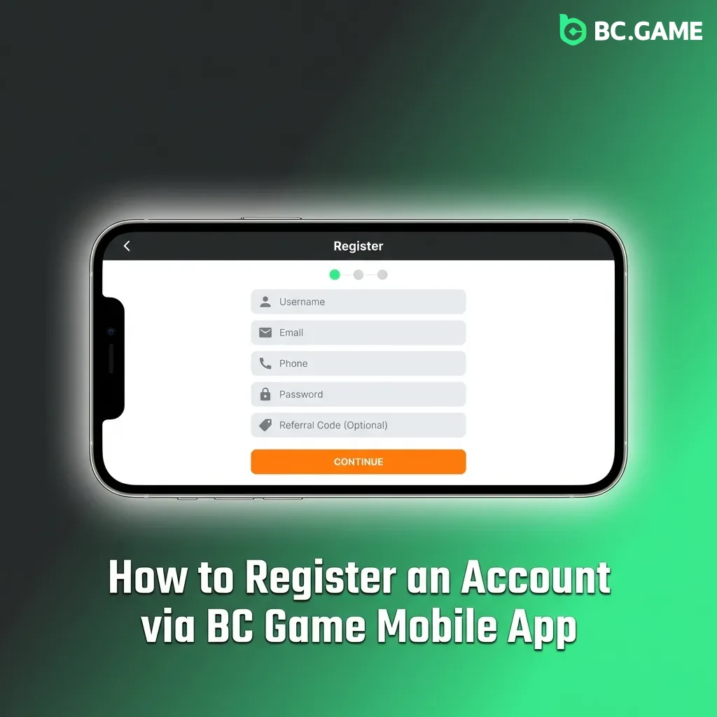 BC Game mobile app registration screen showing sign-up button and account creation form on iOS interface