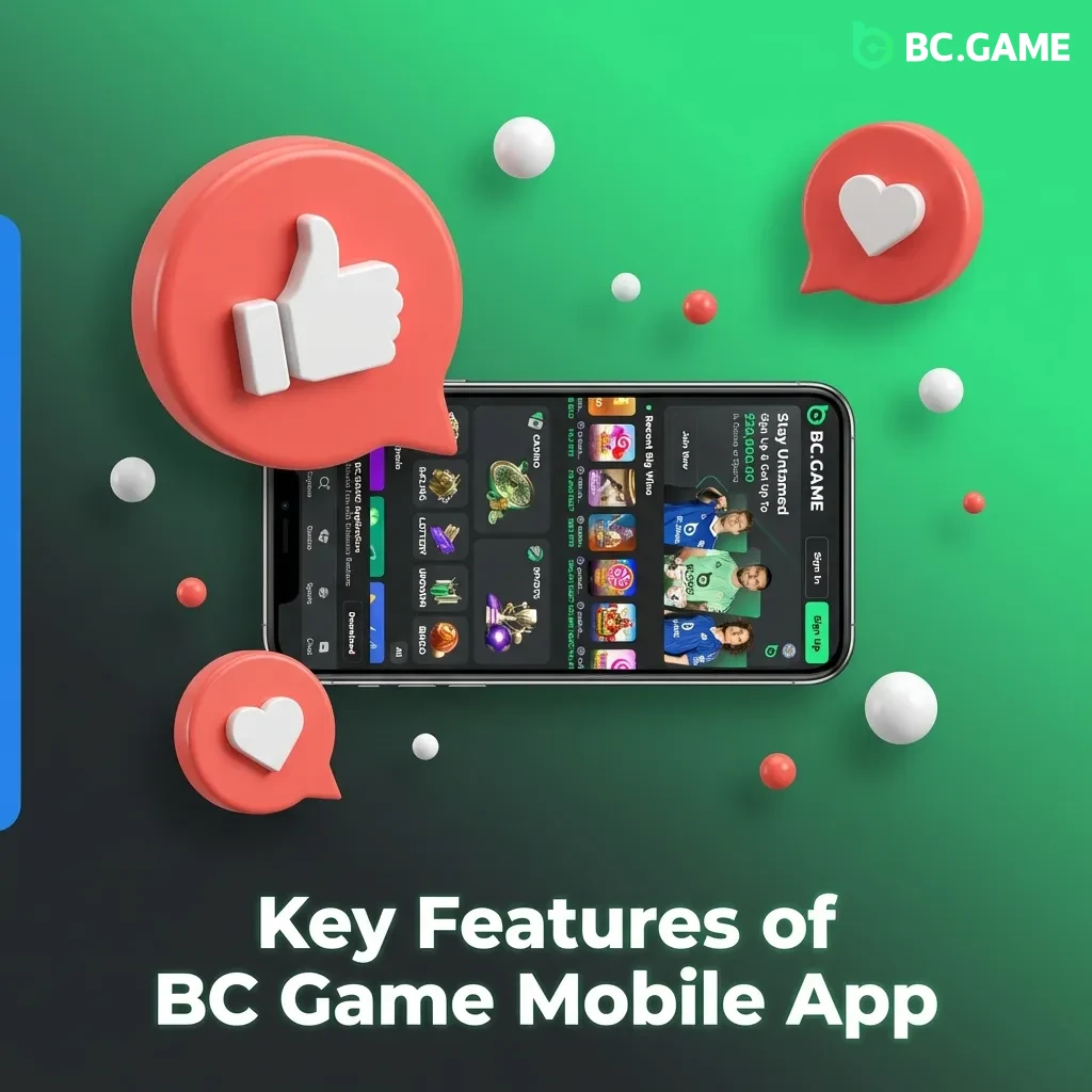 BC Game mobile app interface showing casino games, sports betting, and cryptocurrency payment options