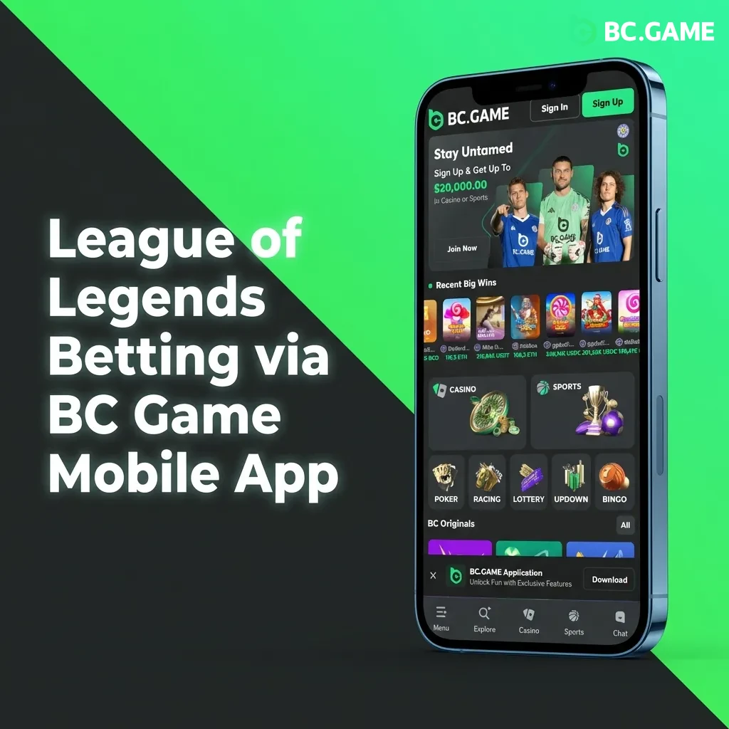 BC Game mobile app interface showing League of Legends esports betting markets and match selection screen