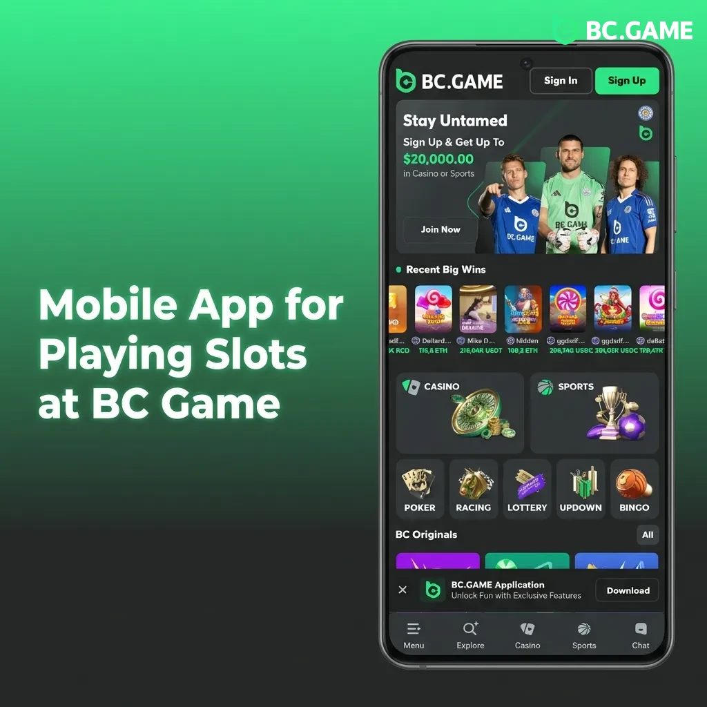 BC Game mobile app interface showing slot games library with touchscreen controls and navigation menu