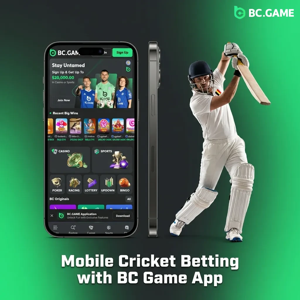 Mobile phone displaying BC Game cricket betting interface with installation and betting instructions
