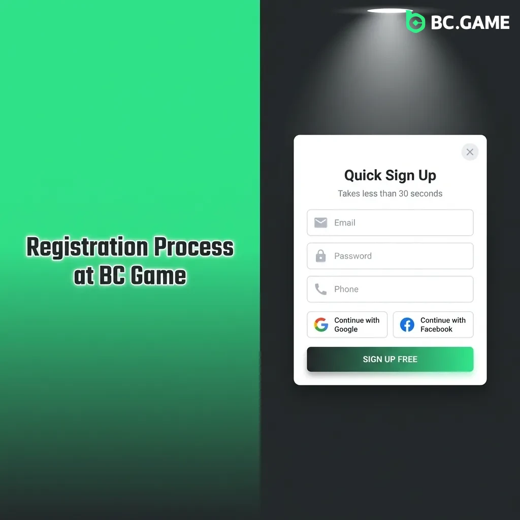 Step-by-step guide showing how to create a BC Game account, from sign-up button to profile completion and verification.