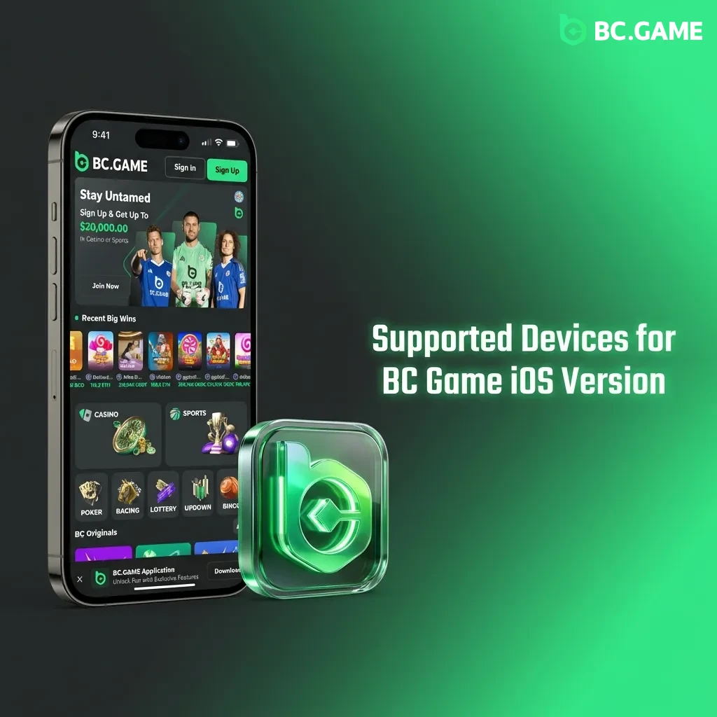 BC Game iOS compatibility chart showing supported Apple devices including iPhone 15, 14, 13, 12, SE, iPad Pro, Air, and mini models