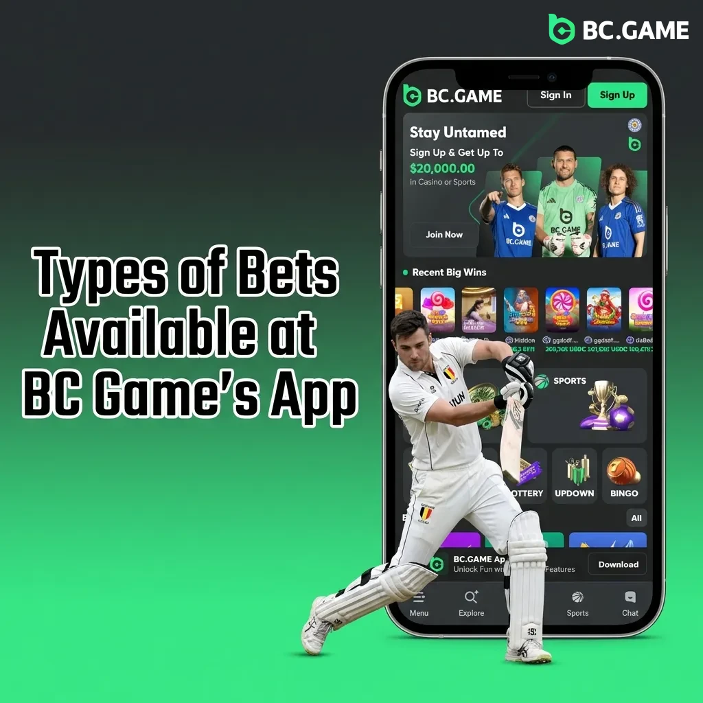 BC Game app interface showing various betting options including single, accumulator, live, and system bets
