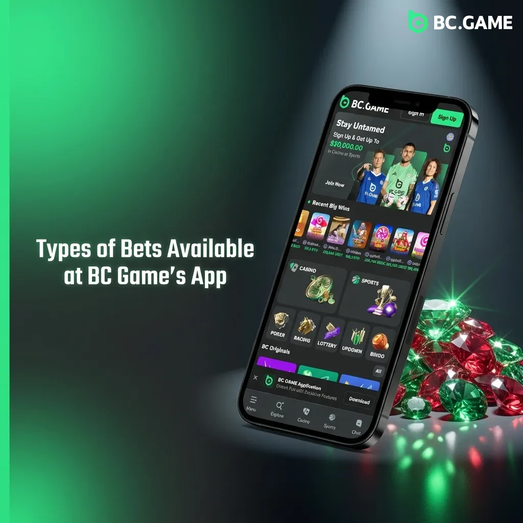 BC Game mobile app betting slip showing various bet types including single, accumulator, and live betting options