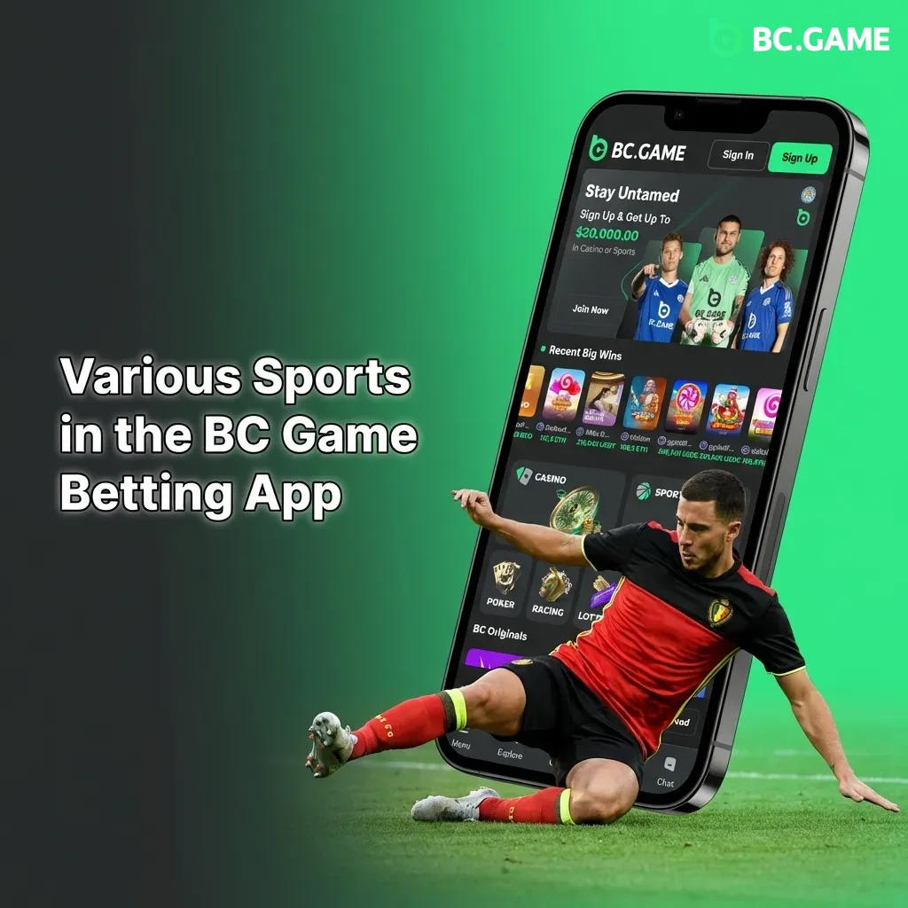 BC Game app displaying multiple sports betting options including football, basketball, tennis, and eSports markets