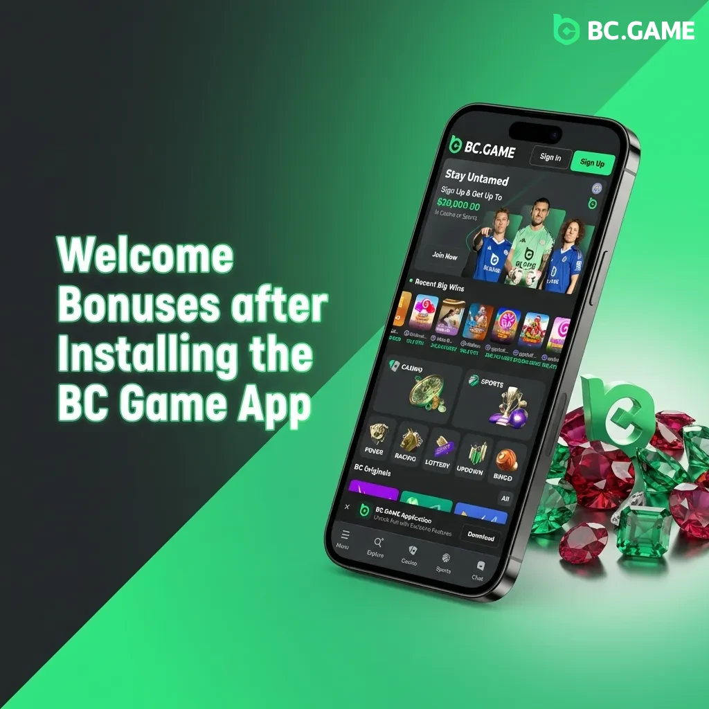 BC Game app welcome bonuses showing casino and sports betting rewards up to €16,900 with free spins and cashback offers