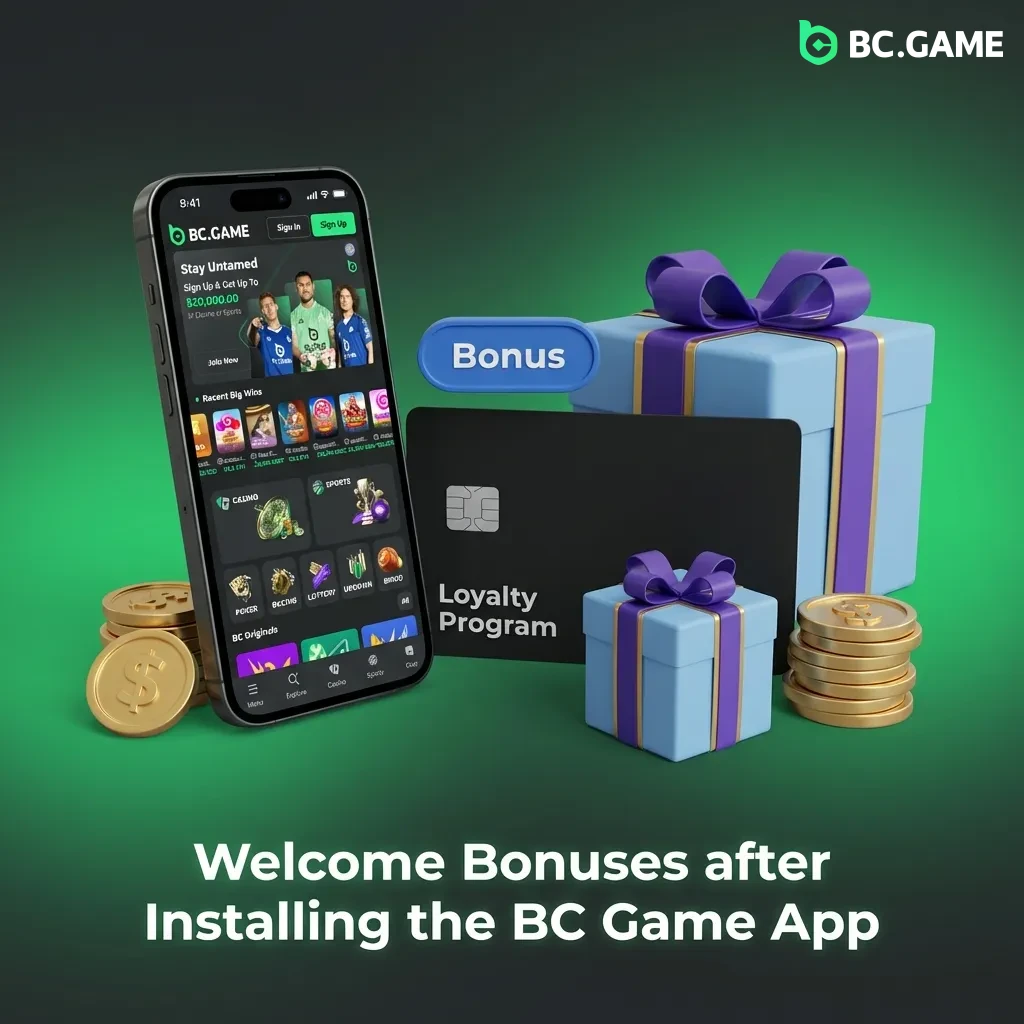 BC Game app welcome bonus package showing casino and sports bonuses up to €16,900 with free spins and rewards