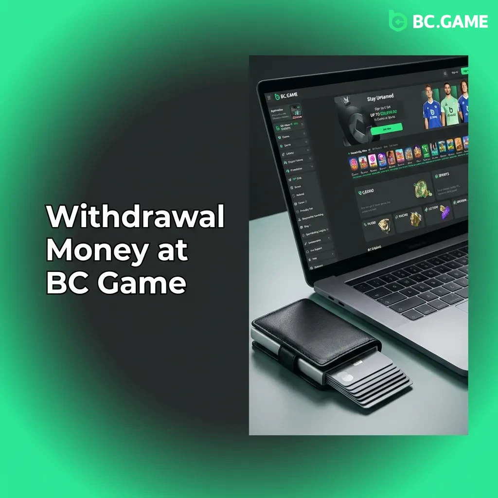 User withdrawing money from BC Game casino account on computer screen showing withdrawal interface and payment options