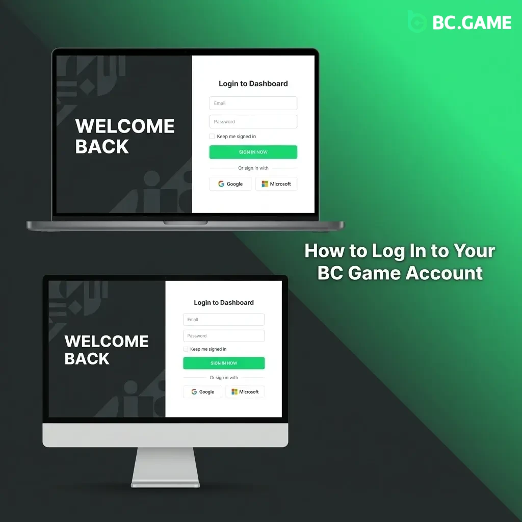 BC Game login steps on desktop showing email, password fields and two-factor authentication process for account access