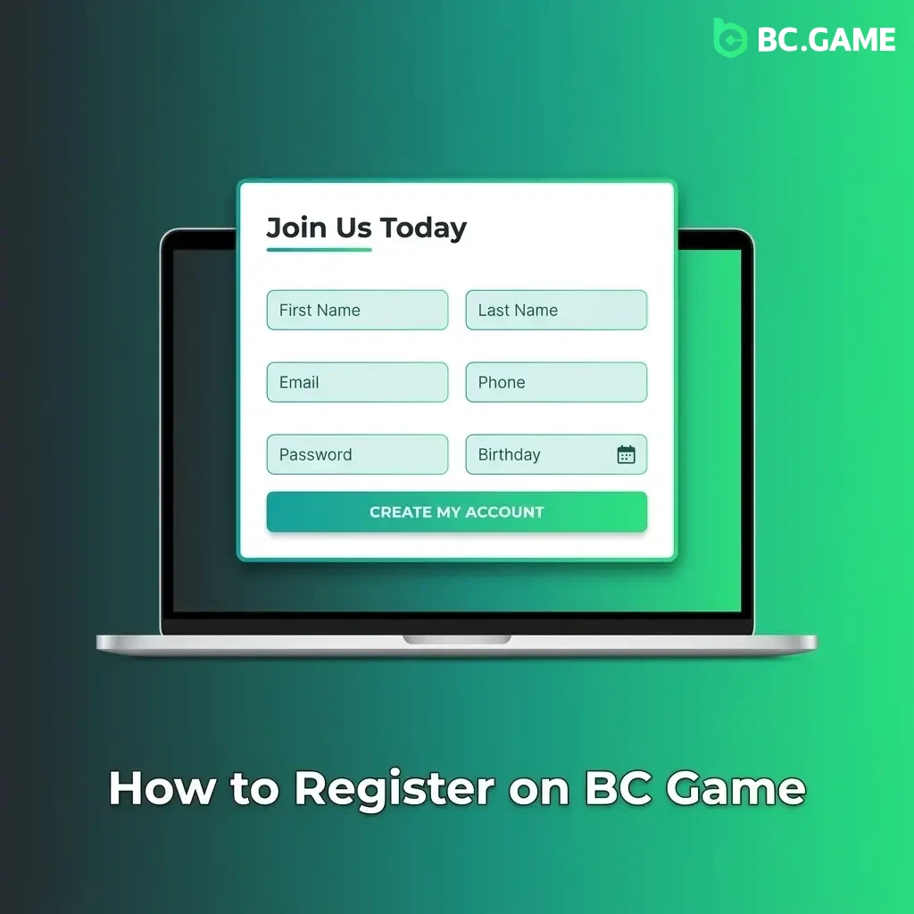 Step-by-step BC Game registration process showing sign-up form, email verification, and first deposit to claim welcome bonus